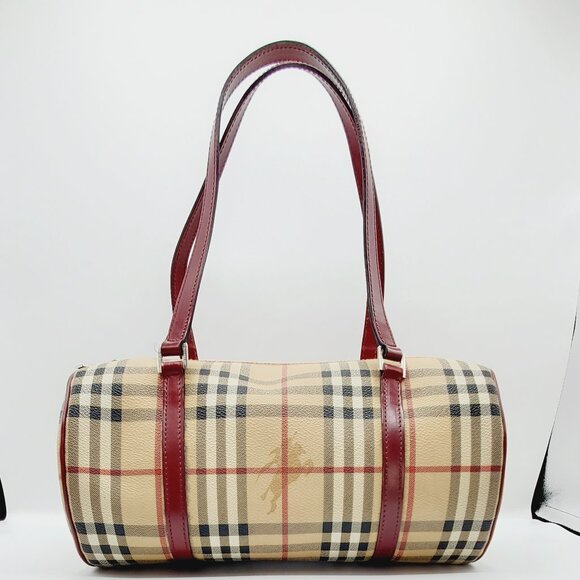 Women's Haymarket Check Coated Canvas Barrel Bag Red - Picture 1 of 16